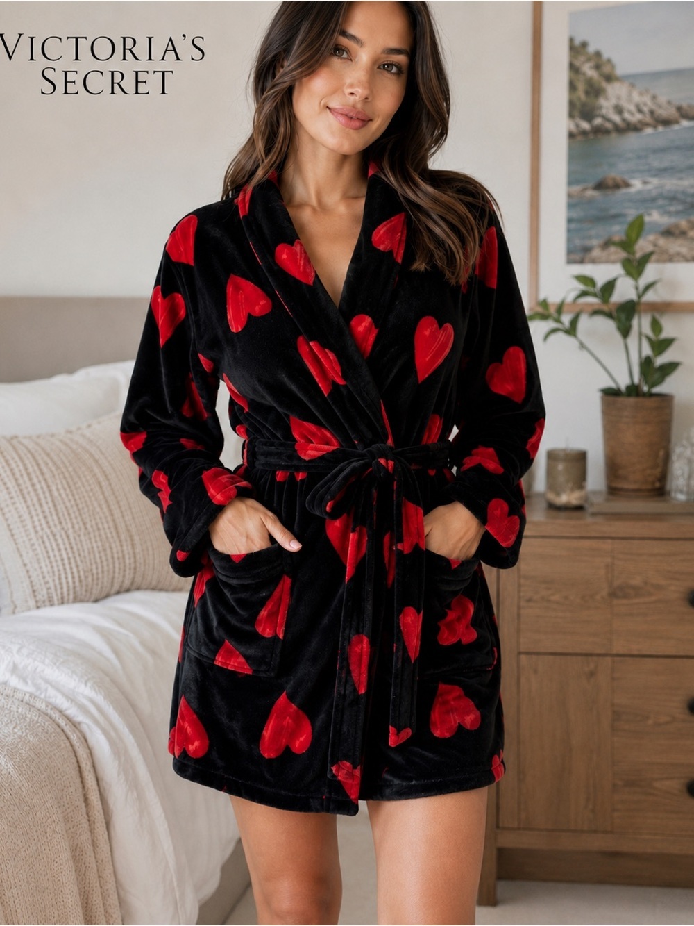 Victoria’s Secret Black Red Heart Plush Robe M/L Belted Cozy Lounge Size M/L - Picture 1 of 4